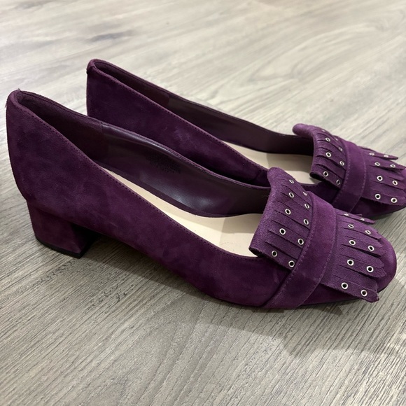 Nine West Wine Purple Suede Block Heel Loafer Sz 8 Fringe Studded NEW Classic - Picture 1 of 9